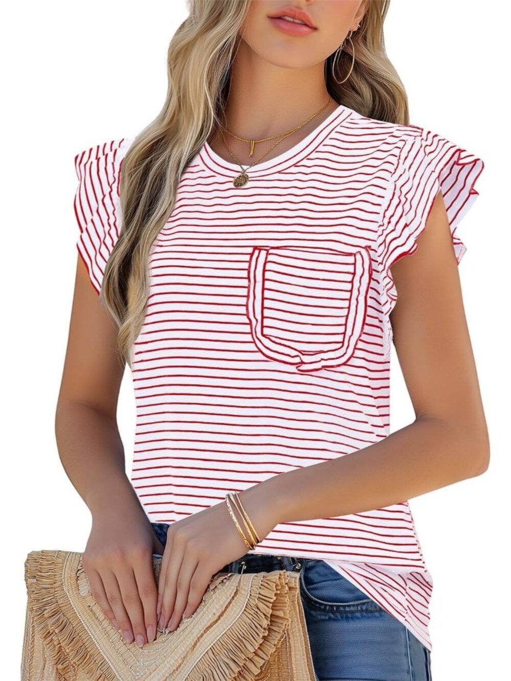 Women's T Shirt White Ruffle Short Sleeve Crew Neck Casual Blouses with Pocket